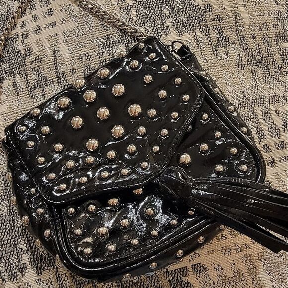 SR Squared Sondra Roberts Silver Studded Black Shiny Shoulder Bag with Tassel - Picture 8 of 9